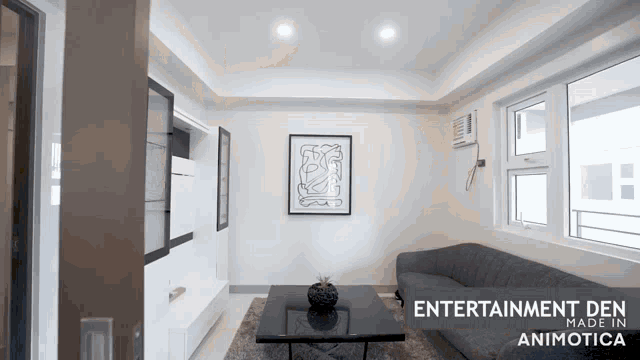 a living room with the words entertainment den made in animotica on the top