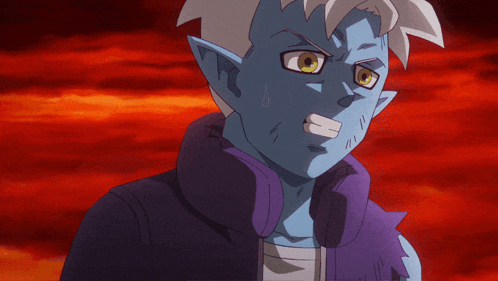 a cartoon character with a purple jacket and a purple collar