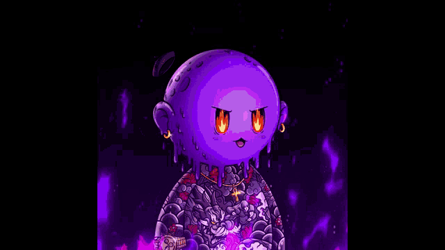 a purple cartoon character with a tattoo on his chest is standing in front of a purple background .