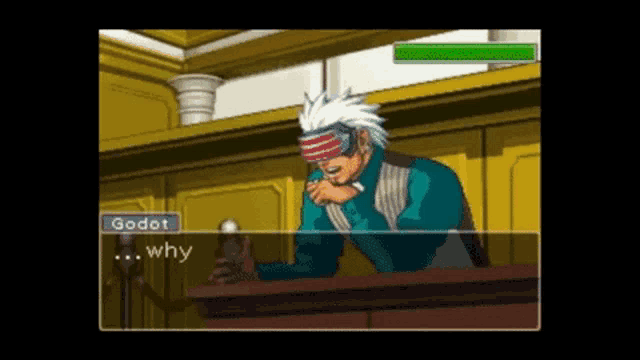 a video game character says godot why while holding a microphone