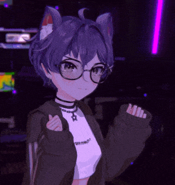a girl with purple hair and glasses is wearing a black jacket and a white shirt that says amarah