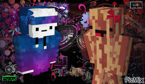 two minecraft characters are standing next to each other on a colorful background with the words picmix at the bottom