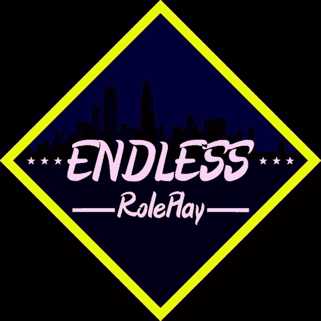 the logo for endless roleplay has a city skyline in the background