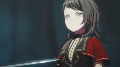 a girl with long hair and blue eyes is standing in front of a sword