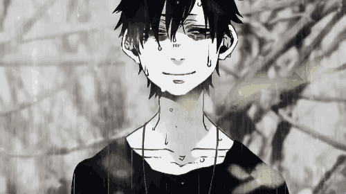 a black and white drawing of a boy with a tear coming out of his eye .