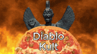 a statue of a devil is sitting on top of a pizza with the words diablo kult below it