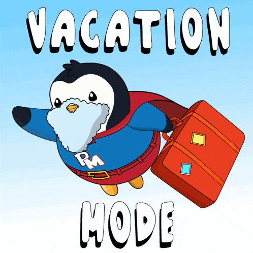 a cartoon of a penguin carrying a suitcase with the words " vacation mode " above it