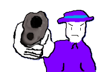 a cartoon of a man in a purple jacket pointing a gun