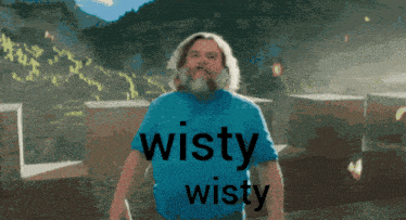 a man with a beard is wearing a blue shirt that says wisty