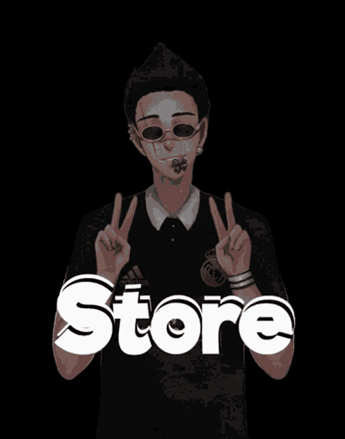 a man wearing sunglasses and a black shirt with the word store written on it