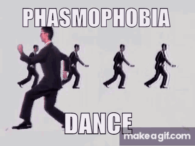 a man in a suit and tie is looking up at two men dancing in front of his face .