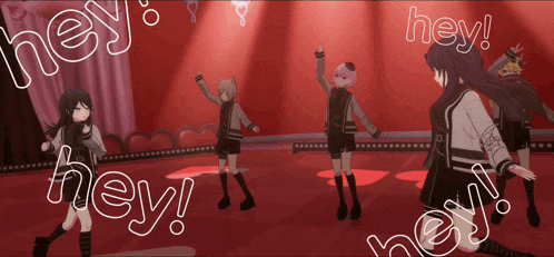 a group of anime characters are dancing on a stage with the words hey written around them