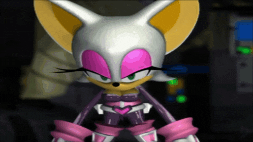 a close up of a cartoon character with a pink and white outfit