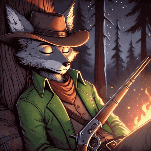 an illustration of a fox wearing a cowboy hat and holding a rifle