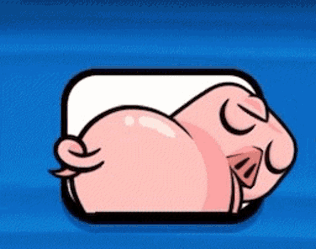 a cartoon pig is laying down on a blue background .
