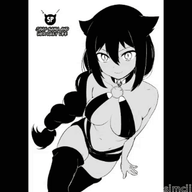 a black and white drawing of a girl with cat ears and a braid