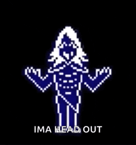 a pixel art of a skeleton standing in a doorway with the words `` ima head out '' written on it .