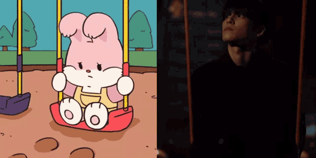 a cartoon of a bunny on a swing next to a man in a black shirt