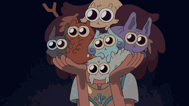 a cartoon character holding a bunch of owls on her head