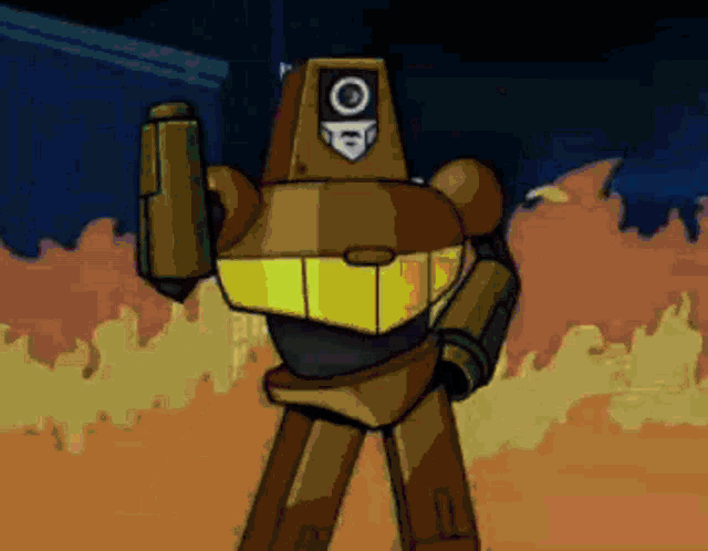 a cartoon drawing of a robot with a shield on its head holding a gun