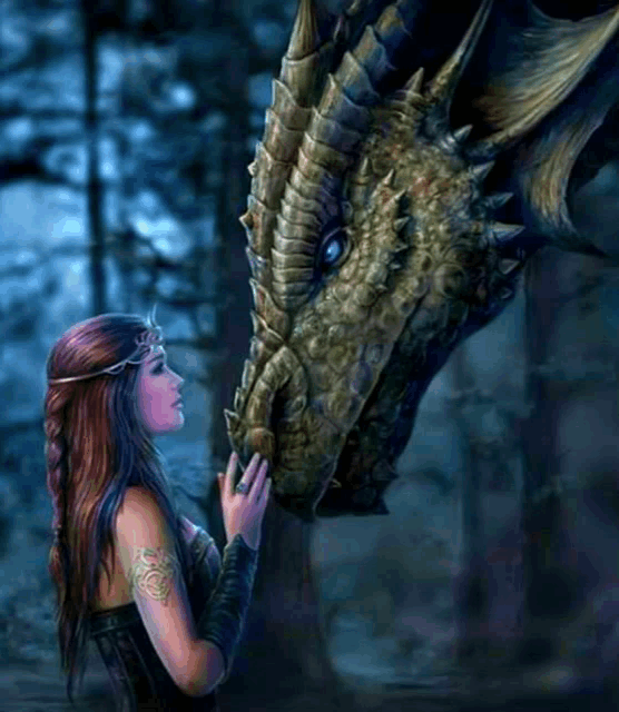 a woman is touching a dragon 's face in a dark forest