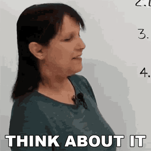 a woman with a microphone on her neck and the words think about it on the bottom