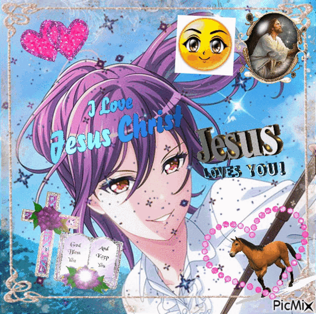 a girl with purple hair says i love jesus christ