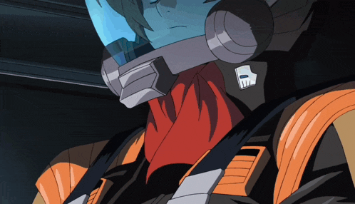 a close up of a cartoon character wearing a helmet and a scarf