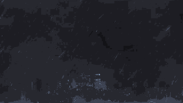 a city skyline in the rain with a white light shining through the clouds