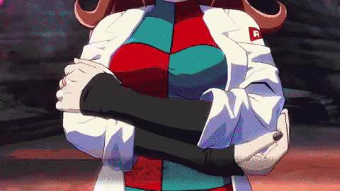 a woman in a lab coat has a red r on her chest