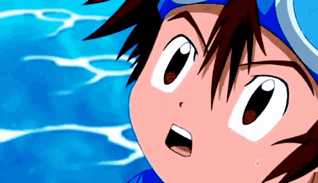 a close up of a cartoon character wearing a blue hat and goggles