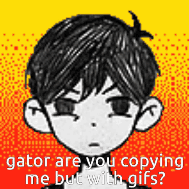 a black and white drawing of a boy with the words " gator are you copying me but with gifs "