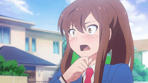 a girl with long brown hair and a blue jacket and red tie