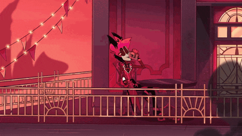 a cartoon character is standing on a balcony with a table