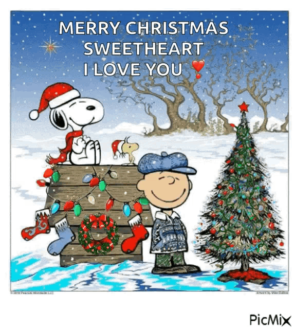 a picture of snoopy and charlie brown with a christmas tree