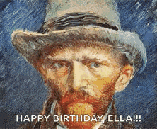 a painting of a man with a beard wearing a hat with the words happy birthday ella written below it .