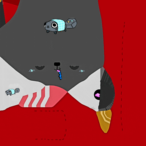 a cartoon drawing of a penguin with a sleeping bag on it