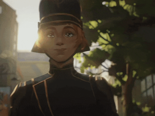 a close up of a cartoon character with the sun shining on her face