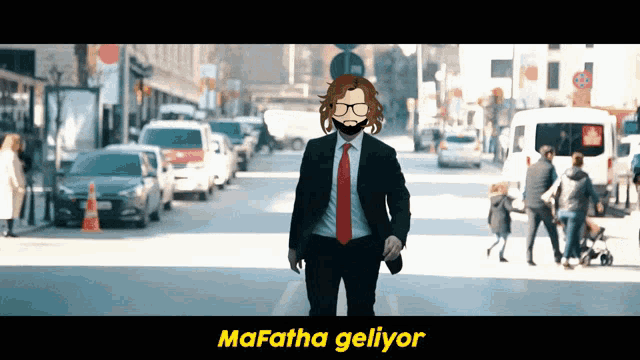 a man in a suit and tie is walking down a street with a caption that says mafatta geliyor
