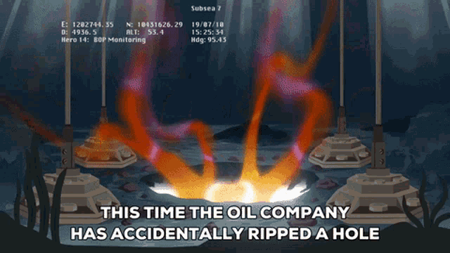 a screenshot of a video game with the words this time the oil company has accidentally ripped a hole at the bottom