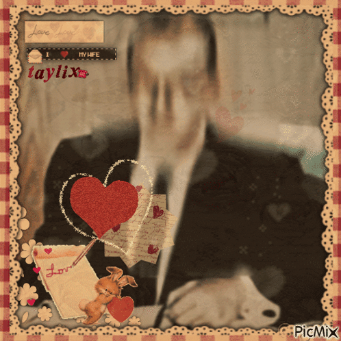a man in a suit and tie is surrounded by hearts and a letter that says " love "
