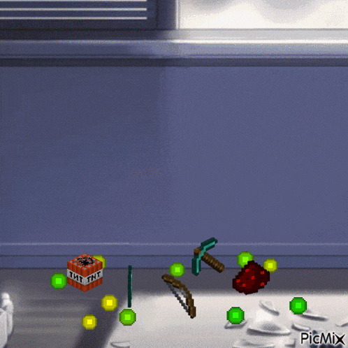 a tnt block is surrounded by green balls and a hammer