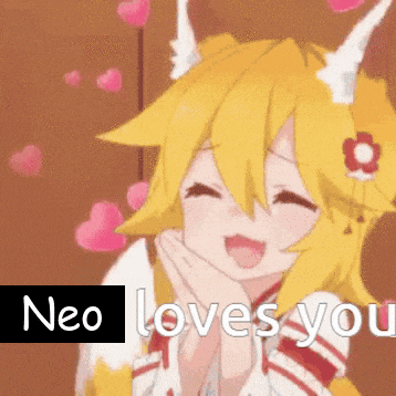 a yellow haired anime girl with horns is smiling and saying neo loves you