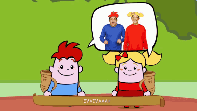 a cartoon of a boy and a girl with a speech bubble that says " evvivaa "
