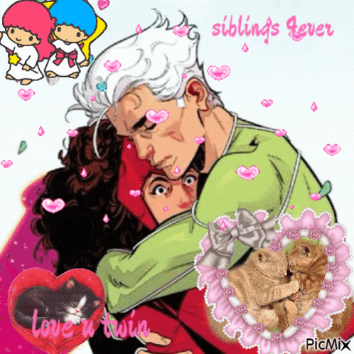 a cartoon of a man hugging a woman with the words siblings ever written on the bottom
