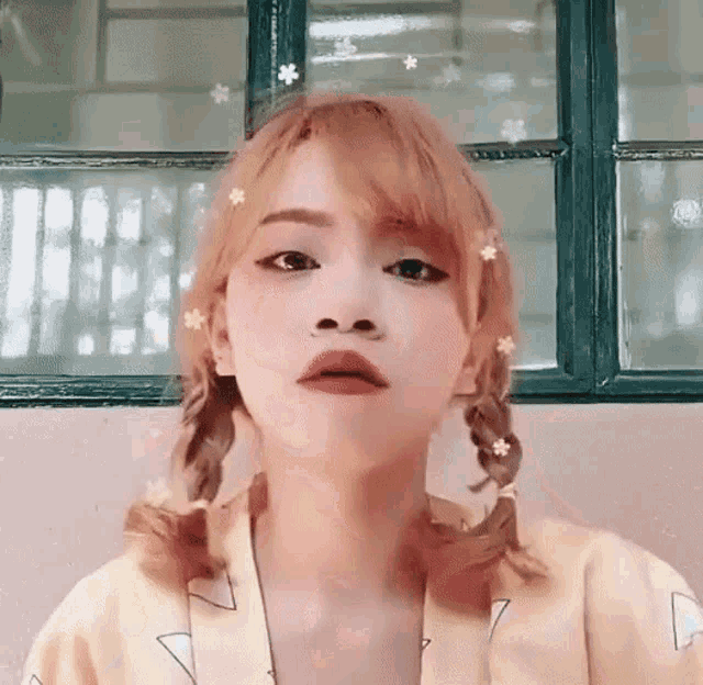 a girl with pigtails and flowers in her hair is looking at the camera .
