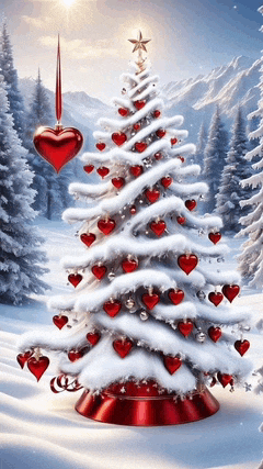 a christmas tree with red hearts on it