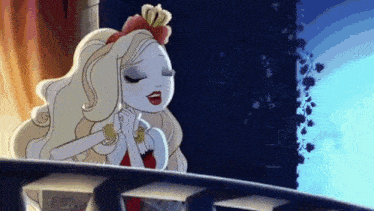 a cartoon girl with a crown on her head is standing on a balcony