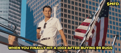 a man on an escalator with the words " when you finally hit a 100x after buying 99 rugs " above him