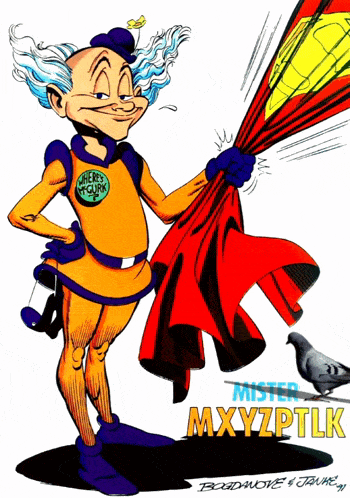 a comic book character named mister mxyzptlk holding a red cape